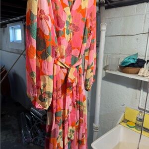 Taylor Pink Floral Long-Sleeve Tie-Waist Dress